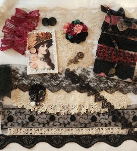 Victorian Look Lace Trims Buttons Beads Ribbonwork Vintage & New Journal Craft - Picture 1 of 14