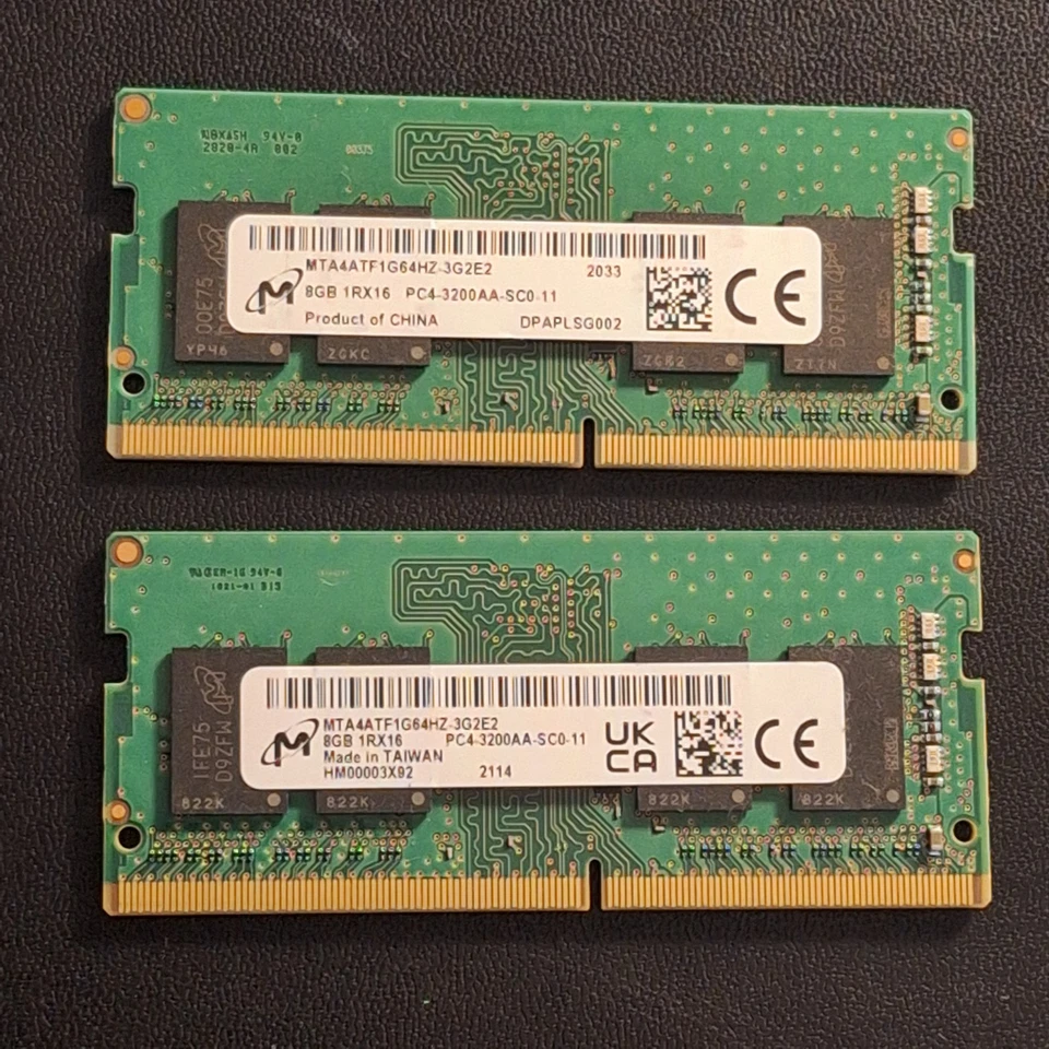 Memoria para computadora portátil 16 GB (2 x 8 GB) DDR4-3200; Micron MTA4ATF1G64HZ-3G2E2; SODIMM Foto 1 de 1