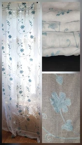 Mystic Home Set 4 Sheer Curtain Panels 84Lx50W White W/ Blue Floral Embroidery  - Picture 1 of 14