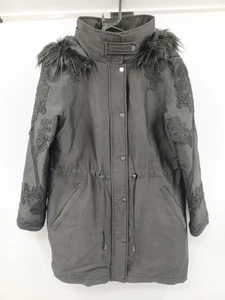 BIBA Black Embroidered Parka Coat Fur Trim Size 10 - Picture 1 of 6