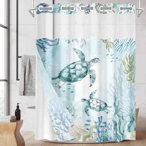 No Hook Nautical Blue Sea Turtles Shower Curtain with Snap in Fabric Liner Se... - Picture 1 of 7