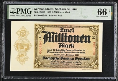 Germany 2 Million Millionen Mark 1923 P S963 Gem UNC PMG 66 EPQ TOP POP - Image 1 of 3