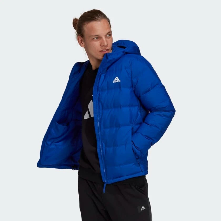adidas Jacket Mens Helionic Hooded Down Blue Windproof Outdoor Coat Football - Image 1 of 4