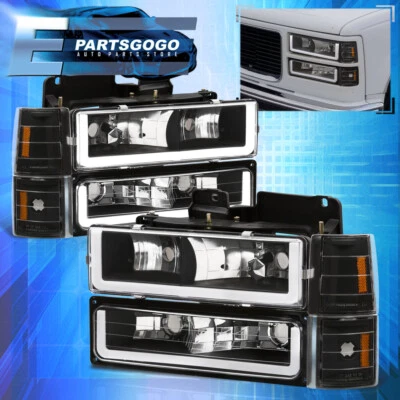 For 94-98 GMC C/K C10 Yukon Sierra Suburban Black LED Headlights + Bumper Corner Foto 1 de 4