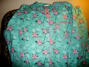 NWT WOMEN FLANNEL 100% COTTON PAJAMA SET SZ L LIGHT GREEN/PINK LOVELY DECORATED - Picture 1 of 2