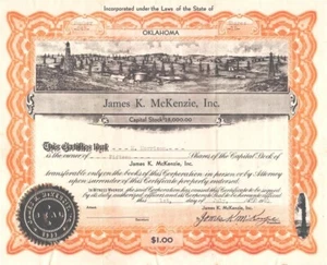 JAMES K McKENZIE 1940 HUGO OKLAHOMA CAPITALE STOCK CERTIFICATO CAMPO PETROLIFERO VIGNETTA - Foto 1 di 2
