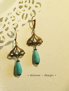 Ohrringe Ornament  bronze Tropfen Howlith Türkis  Jugendstil +handmade+ - Bild 1 von 2