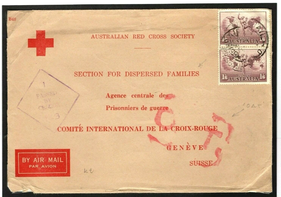 AUSTRALIA RED CROSS SOCIETY Refugee Stationery WW2 Cover *OAT* Air Geneva W630 - Image 1 of 4