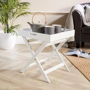 White Folding Butlers Side Table Portable Wooden Food Serving Tray Drink Dinner - Picture 1 of 6