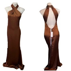 Club L Unbeatable 8 NWT Copper Brown Satin Trumpet Halter Dress Low Back - Picture 1 of 13