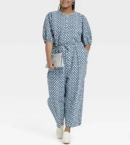 (2X)- Universal Thread Women's Puff 3/4 Sleeve Jumpsuit - Blue Star - Picture 1 of 12