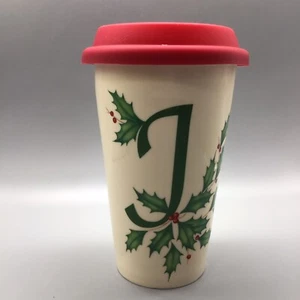 Taza de viaje térmica LENOX Christmas HOLIDAY inicial J 12 oz acebo excelente - Imagen 1 de 9