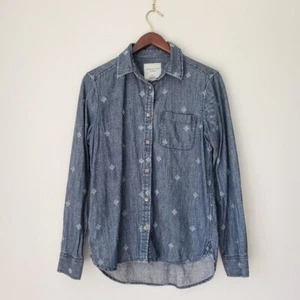 American Eagle Outfitters Chambray Denim Button Up Small Embroidered - Picture 1 of 5