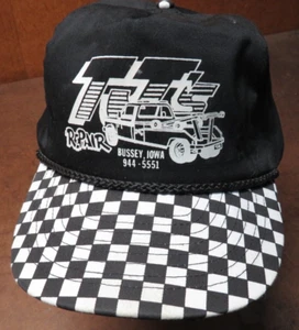 TJ's Repair Tow truck car Bussy Iowa checkered Flag Bill Black cap hat Vintage - Picture 1 of 8