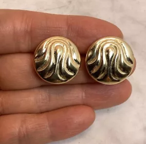Vintage 14K Yellow Gold Circle Curve Lines Omega Back Earrings 4.9 Grams - Picture 1 of 14