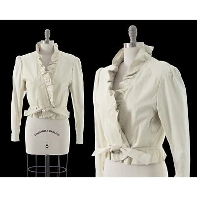 Vintage 1980s Leather Jacket 80s White Leather Ruffled Cropped Tie Waist Coat - Image 1 of 4