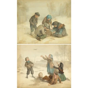 PIERRE EDOUARD FRERE 1819-86 FRANCE ORIGINAL PAIR WATERCOLOR CHARCOAL PAINTINGS - Picture 1 of 11