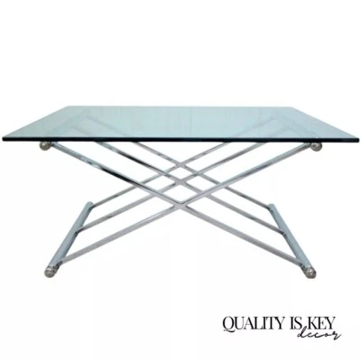 Maison Jansen Style Triple X-Frame Modern Chrome & Glass Square Coffee Table - Image 1 of 4