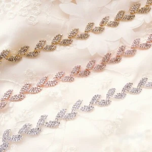 Hojas de diamantes de imitación Cadena de oro rosa Trim Vestido de novia Cinturón Apliques de novia - Imagen 1 de 14