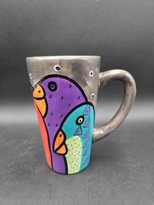 Taza Laurel Burch Vintage 1997 Pájaros Caprichosos Cerámica 12oz Alto Pintada a Mano Foto 1 de 4