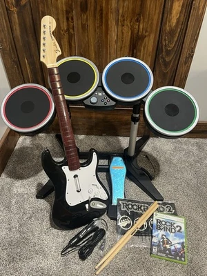 Xbox 360 Rock Band 2 Drum Set Wireless BUNDLE w/ Guitar, Game - Working Read - Image 1 of 4