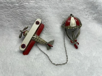 RARE WW11 Coro Marion Weeber Plane & Parachute Chatelaine Pin Rhinestone Brooch - Image 1 of 4