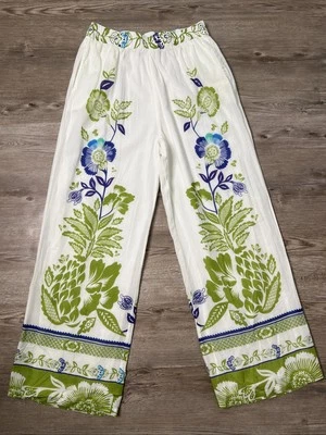 Pantalón Haute Hippie Popelina Pierna Ancha Mujer Pequeño Blanco Floral Hasta el Tobillo Foto 1 de 4