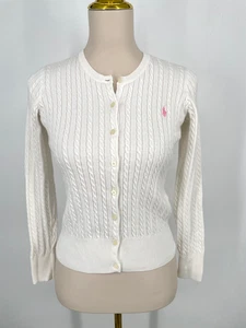 Polo Ralph Lauren Girl size 16 XL off white Cable Knit Button Cardigan Pink Pony - Picture 1 of 15