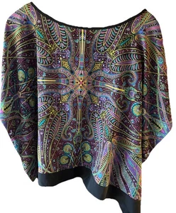 Camisa túnica Nicole Miller cachemira M negra y púrpura con detalles coloridos - Imagen 1 de 2