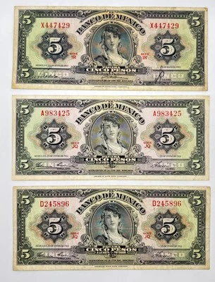 Lot of 3 Mexico Five Peso Banknotes - 1 1959 and 2 1961, Very Lightly Circulated - Image 1 of 4