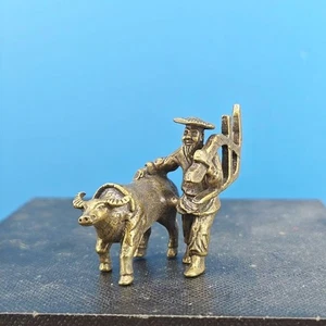 Brass farmer plowing fields, morning glory doll, micro landscape ornament - Picture 1 of 20