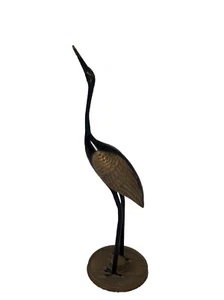 Brass Stork Statu solid metal bird figure Gold Black Enamel Crane Herron VINTAGE - Picture 1 of 11