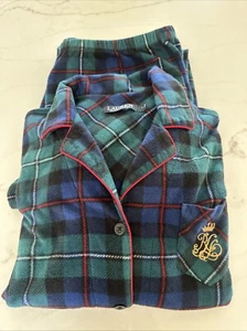 Ralph Lauren Fleece 2pc Pajama Set~Green Plaid Crest Logo Sleepwear~Women’s L - Picture 1 of 8