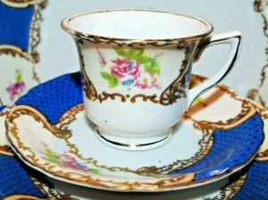 RARE CIRCA 1940s GOLD CASTLE JAPAN BLUE FLORAL GOLD DEMITASSE CUP SAUCER SET - Picture 1 of 9