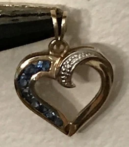 JCM 10K TuTone Solid Gold Natural Blue Sapphire and Diamond Heart Pendant - Picture 1 of 8