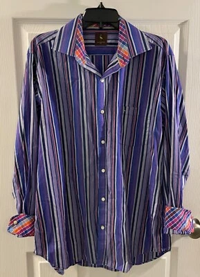 Tailorbyrd Colorful Stripe Button Down Shirt XL Blue Pink Plaid Flip Cuff - Image 1 of 4