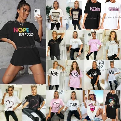 Womens T Shirt Ladies Oversized Baggy Fit Short Sleeve Slogan T-shirt Tee Tops - Image 1 of 4