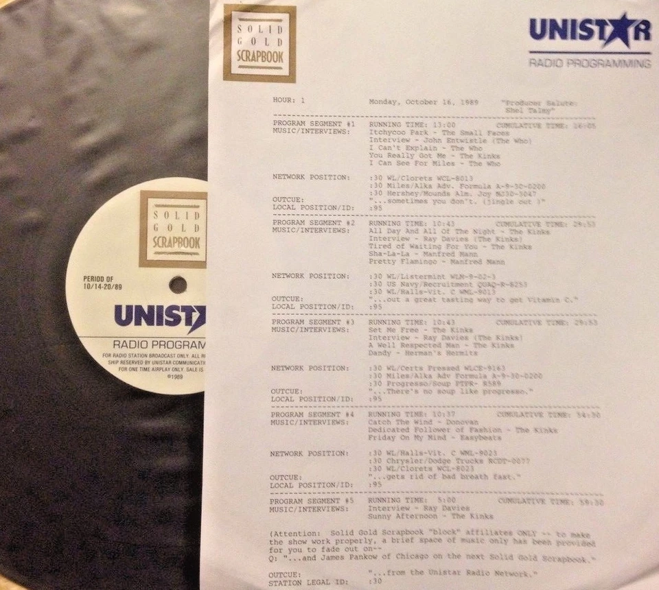 10/16/89 SOLID GOLD SCRAPBOOK SALUTES PRODUCER SHEL TALMY: KINKS (7), WHO (2) - Image 1 of 1