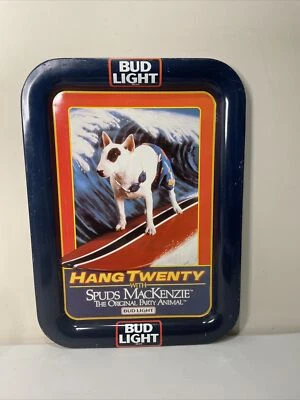 Vintage 1986 Bud Light Spuds MacKenzie Hang 20 Surfing Tin Metal Beer Tray  - Image 1 of 4