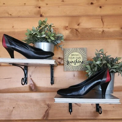 Andrew Geller 黑色皮革色块高跟鞋意大利复古窄码 7.5 AA — 第 1/4 张图片