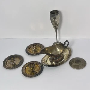 Vintage Silverplate Gravy Sauce Boat w plate 3 Candle Holders & Lid Misc Lot 7pc - Picture 1 of 19