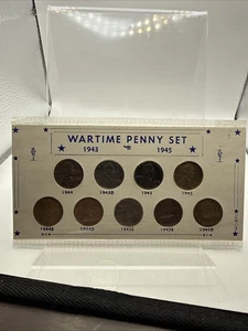 War Time Lincoln Penny Cent Set Of 9 in Holder 43 44 45 WWII Era US Coins Steel - Picture 1 of 8