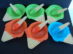 Lot of 6 Single Scoop Ice Cream Cone Shaped Color Sundae Dessert Dishes Spoons - Picture 1 of 6