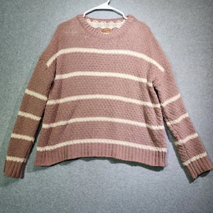 Suéter POL Rosa Chenilla Rayas Para Mujer Pequeño Boho Encaje Acento Suave Acogedor Tejido - Imagen 1 de 10