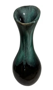 Canadian Pottery Bud Vase Slant Cut Bulb 6.5" Light Teal Black Drip Glaze MCM - Picture 1 of 8