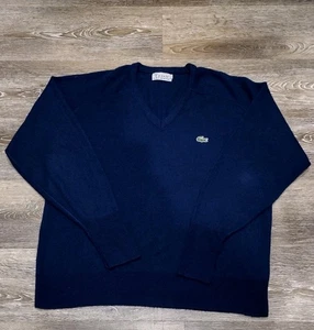Vtg Izod Lacoste V-Neck Orlon Acrylic Sweater Mens XL Blue Croc Logo USA Made - Picture 1 of 9