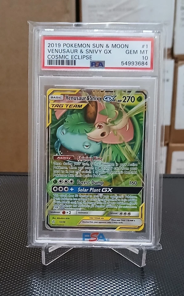 2019 POKEMON COSMIC ECLIPSE VENUSAUR & SNIVY GX #1 PSA 10 GEM MINT  - Image 1 of 2
