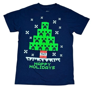 Camiseta Minecraft Happy Holidays Niños Talla Mediana Azul Gráfico LEER Foto 1 de 4