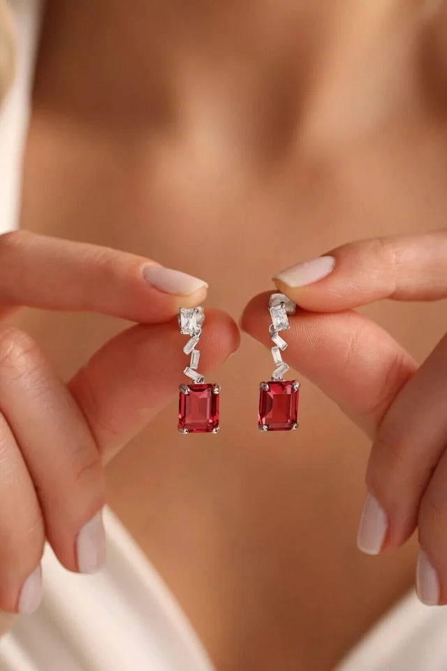 14k White Gold Plated 3.20Ct Emerald Cut Simulated Red Ruby Drop/Dangle Earrings - Image 1 of 4