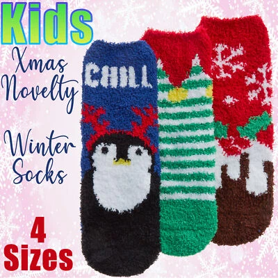 METZUYAN Kids Boys Girls Unisex Thermal Fluffy Bed Winter Socks Non Slip Christmas Print